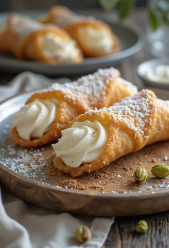 קנולי עם שבבי קוקוס, מקושט בשוקולד ופיסטוק קלוי