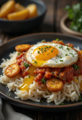 אורז בנוסח קובה מוגש עם בשר טחון ברוטב עגבניות, בננה מטוגנת וביצת עין