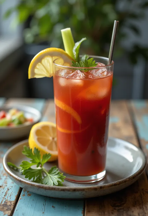 קוקטייל בלאדי מרי מקושט בגבעול סלרי ופרוסת לימון