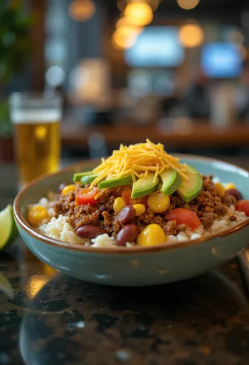 קערת בוריטו עם בקר, אורז, שעועית, תירס וגבינה