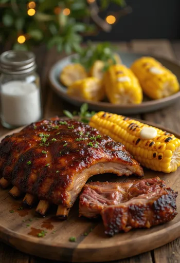 צלעות ברוטב ברביקיו מוגשות עם תירס קלוי מרוח בחמאה