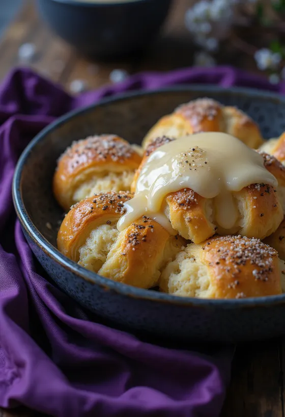 פודינג לחם ופרג זרוי אבקת סוכר, מוגש עם רפרפת וניל