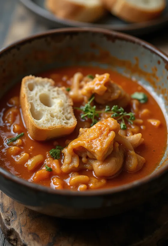 תבשיל קיבה עם רוטב עסיסי ומתובל, מוגש עם לחם טרי