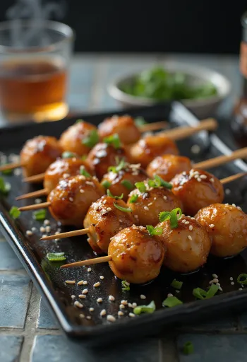 צוקונה יקיטורי קציצות עוף על שיפוד, מוגש עם שומשום ובצל ירוק טרי