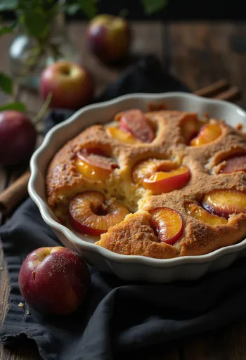 עוגת שזיפים וקינמון מוגשת עם אבקת סוכר וקינמון