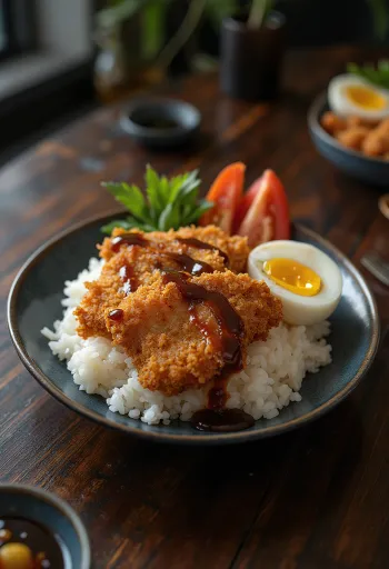 קערת טונקאצו עם עגבניות, נתחי בשר חזיר פריכים מוגשים עם עגבניות טריות