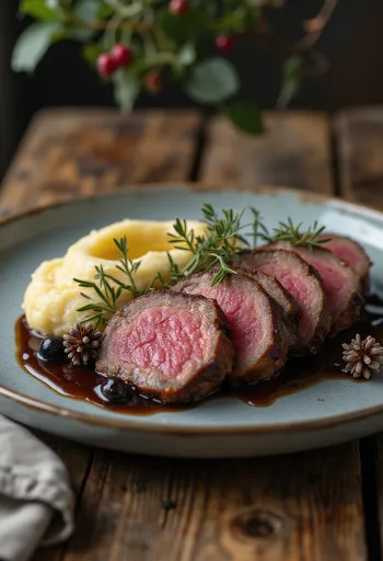 מותן צבי ברוטב ערער מוגש עם ירקות צלויים