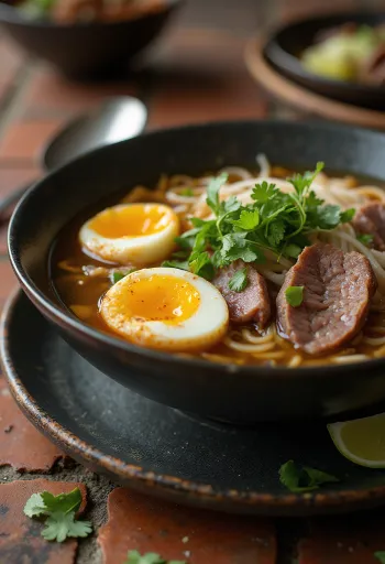 קערת פו גדושה בבשר בקר, אטריות וביצה חצויה עם חלמון נוזלי.