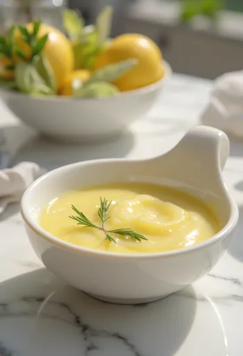 רוטב לימון ורוזמרין מוגש לצד דג צלוי