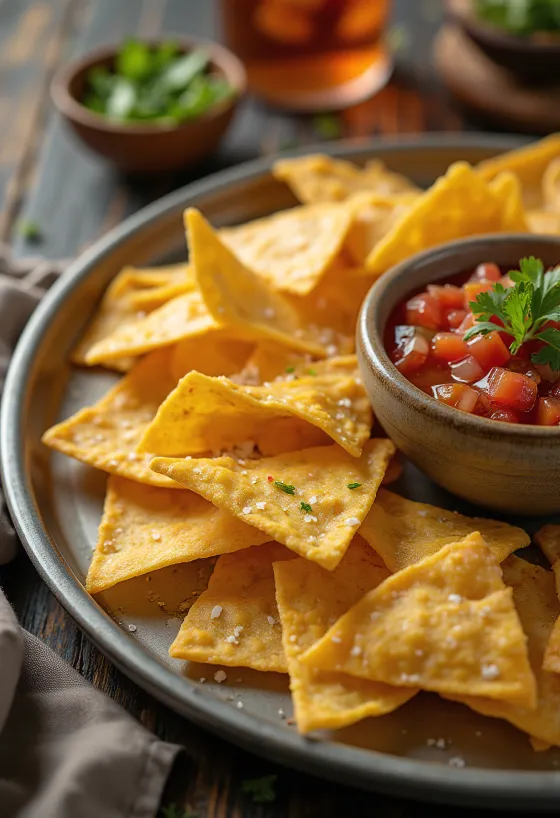 צ'יפס טורטייה טבעוני מוגש עם סלסה