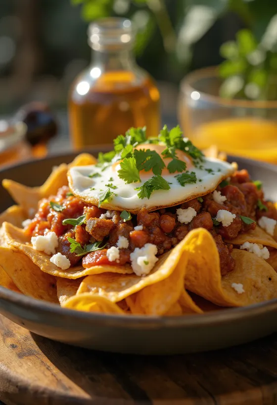 צ'ילקילס עם צ'וריסו, מוגש עם טורטייה פריכה וכוסברה טרייה