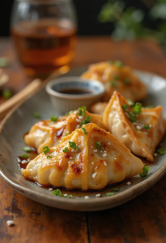 Teriyaki Chicken Gyoza מוגש עם תחתית פריכה
