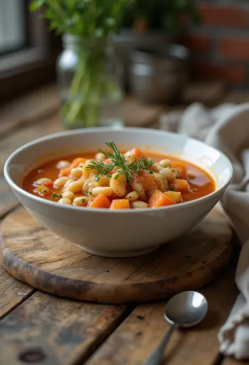 מרק שעועית (פסולדה) ללא גלוטן, מרק שעועית מוגש עם שמן זית טרי