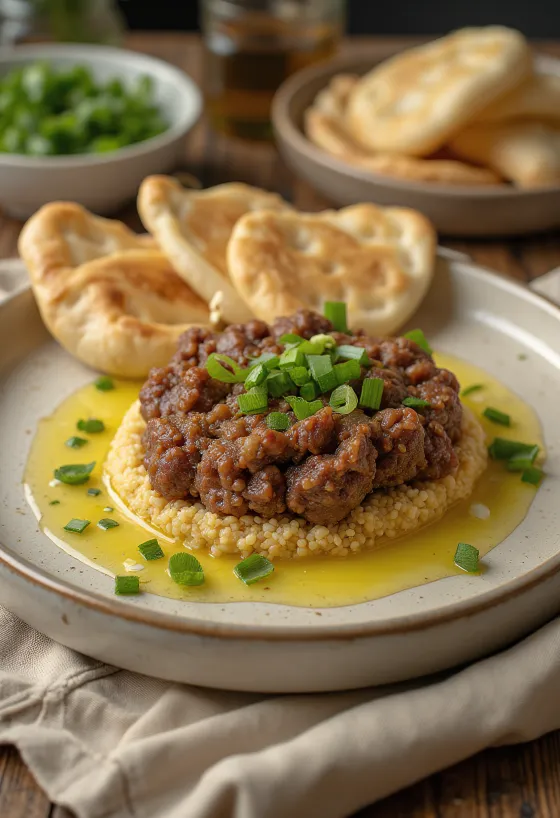 קובה נייה מוגשת עם פיתה טרייה וגרגרי רימון