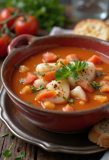 פסרוסופה עם עגבניות, מרק דגים עשיר מוגש עם שמן זית טרי ומיץ לימון