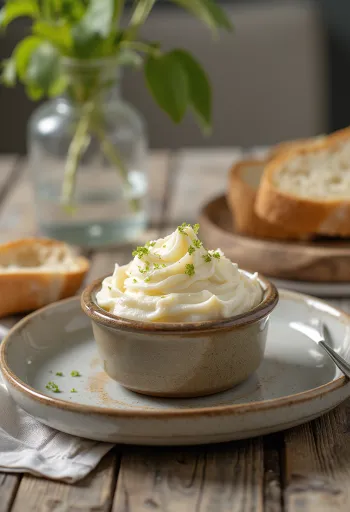 קיימאק ביתי קרמי מוגש בקערה כפרית לצד פרוסות לחם טרי