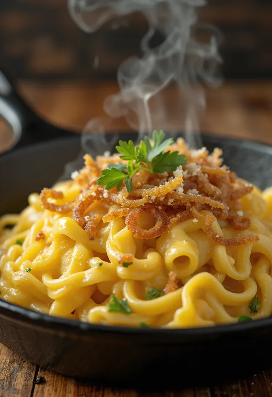 Käsespätzle, בצקניות גבינה אוסטריות עם שנק מעושן ובצל מטוגן