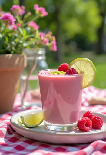 משקה קפיר פטל-ליים מוגש בכוסות, גוון ורוד בהיר, עם פטל וגרידת ליים