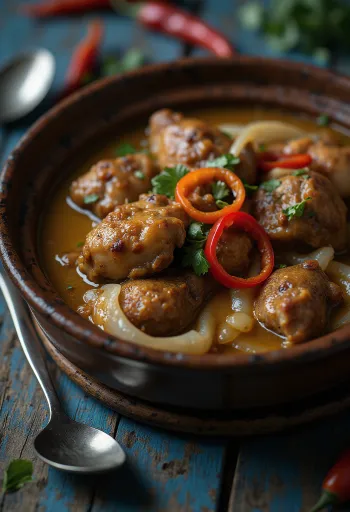 אדובו עם חלב קוקוס, מנה עשירה ומתובלת מוגשת עם אורז וכוסברה