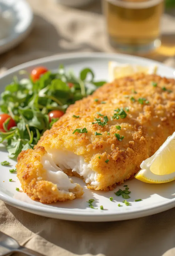 פילה דג מטוגן פריך לזהוב, מוגש עם טבעות לימון טריות וירקות.