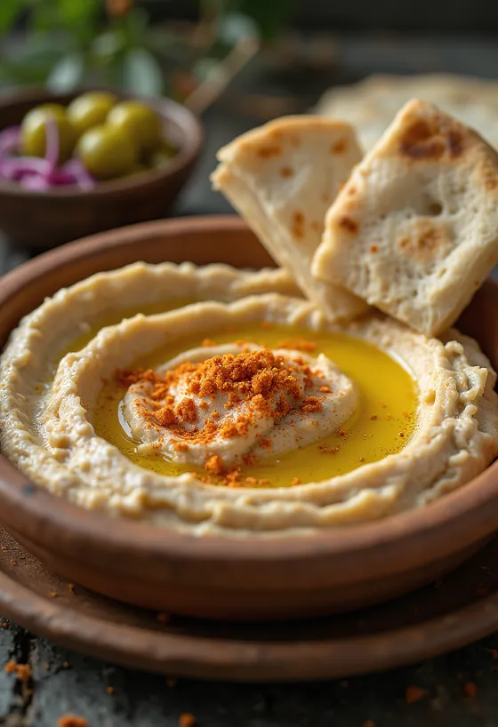 צלחת חומוס במרקם חלק עם שמן זית, פפריקה וגרגרים שלמים