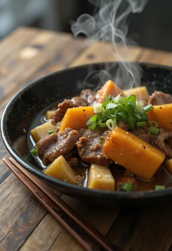 ניקוג'אגה עם טופו, בקר, בטטה ובצל ירוק טרי בקערה