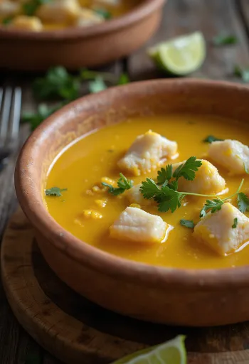 Vatapá de peixe מוגש עם חלב קוקוס ונתחי דג, מעוטר בכוסברה