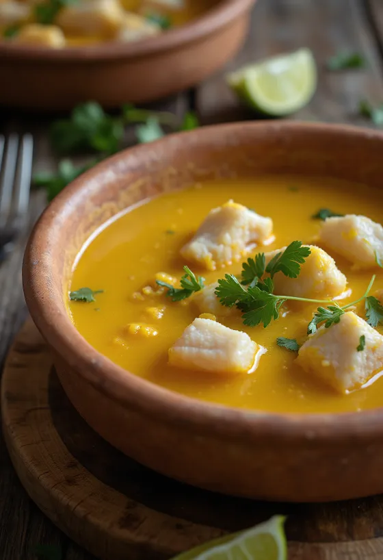 Vatapá de peixe מוגש עם חלב קוקוס ונתחי דג, מעוטר בכוסברה