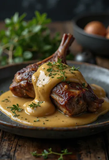 ארנבת צלויה ברוטב חרדל מוגשת בצורה אלגנטית