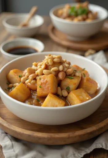 טופו מטוגן במרינדת בוטנים מוגש