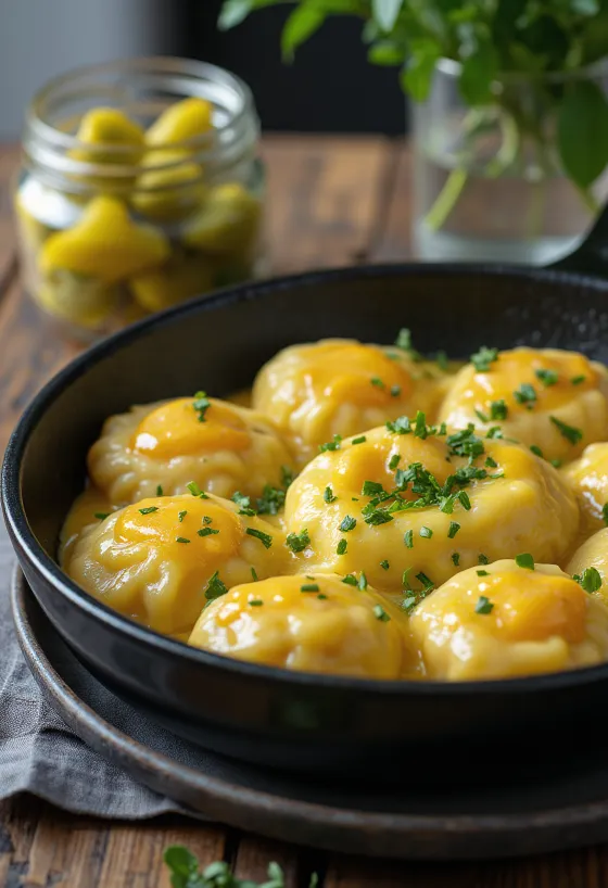 נוקדלי עם ביצים זרוע פטרוזיליה טרייה, מוגש עם חמוצים ביתיים.