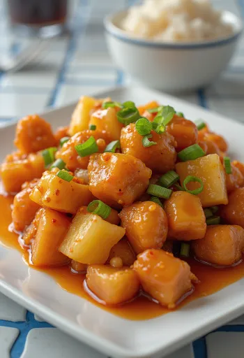 חזה עוף ברוטב חמוץ-מתוק מוגש