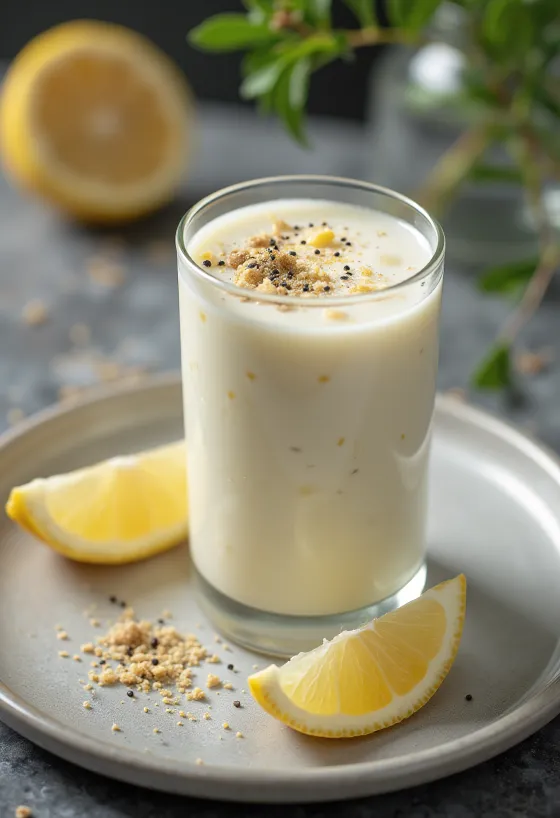 קפיר ג'ינג'ר ופלפל פרוביוטי מוגש בכוס, ליד ג'ינג'ר מגורר ופלפל שחור