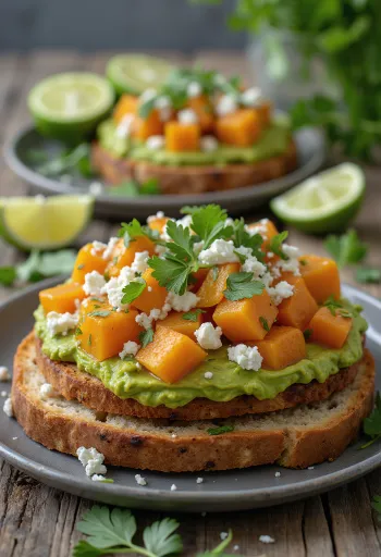 טוסטדה עם קוביות בטטה צלויות, אבוקדו וגבינת פטה