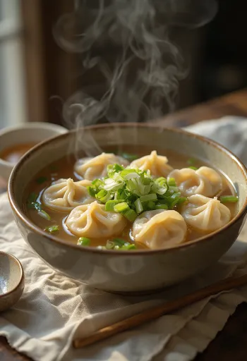 מרק וונטון יובה, מוגש עם כוסברה טרייה ובצל ירוק