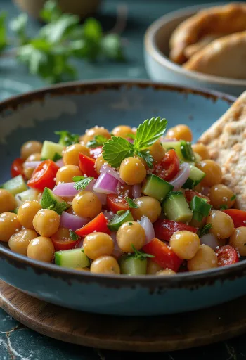 סלט גרגירי חומוס עם ירקות מוגש