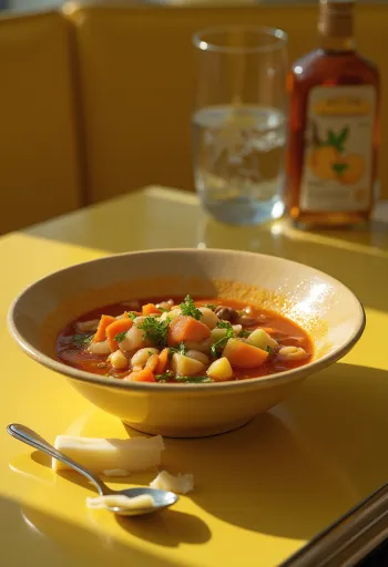 מרק ירקות איטלקי טרי מוגש, מקושט בירקות ותבלינים.