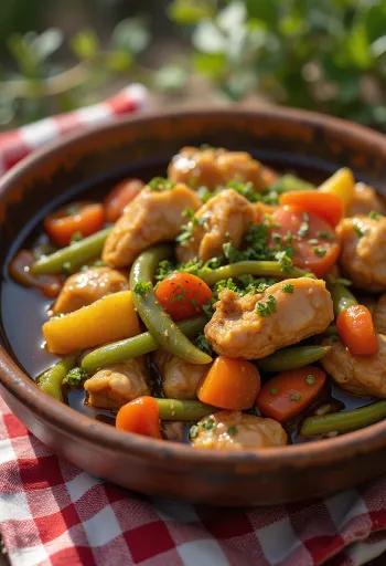 אדובו עם נזיד ירקות, מעוטר בכוסברה טרייה