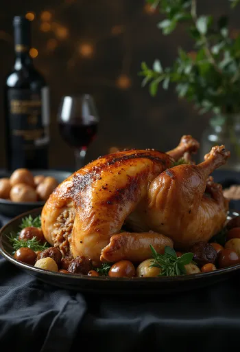 הודו צלוי במילוי ערמונים מוגש על מגש עם ירקות