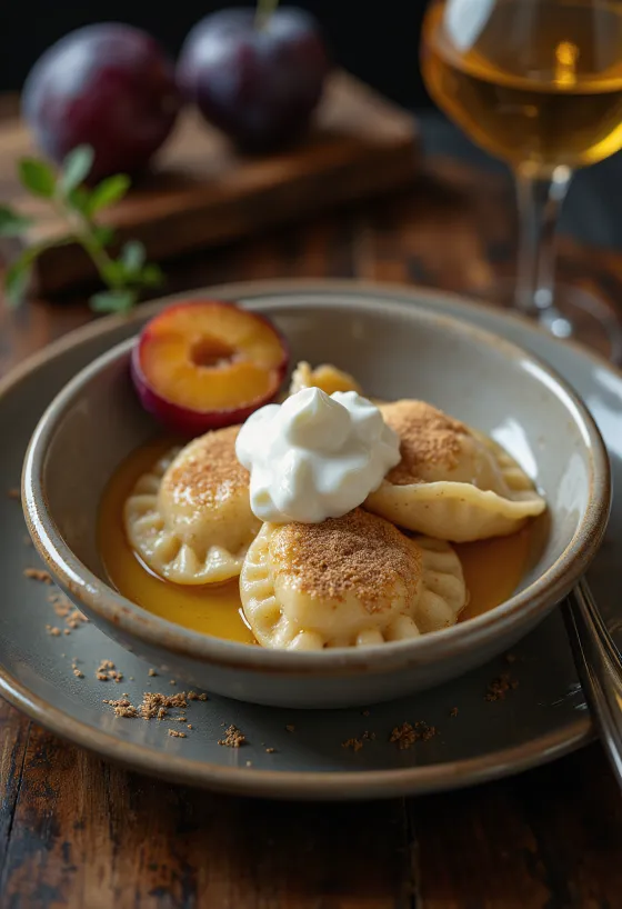 פירוגי שזיפים פולני מוגש עם אבקת סוכר ושמנת חמוצה