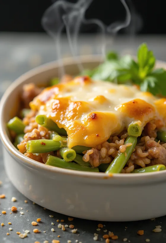 מאפה שעועית ירוקה עם שמנת חמוצה טרייה וגבינה קלויה מלמעלה.