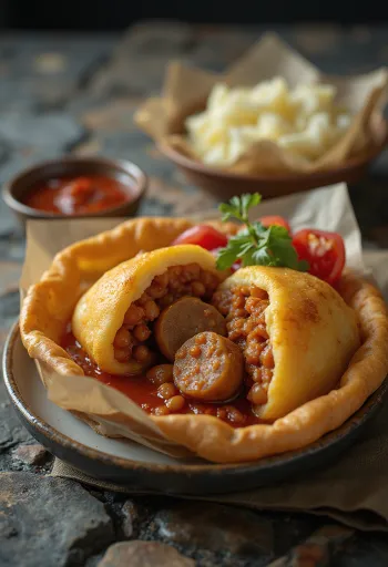 כדורי אקראז'ה שחומים מטוגנים, חתוכים וממולאים בנקניק