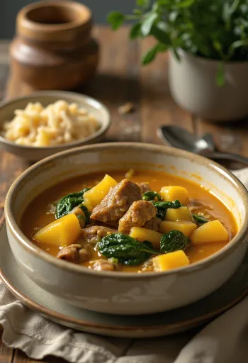 מרק אגוסי עם בשר עז, מרק עשיר ומתובל, מוגש עם ירקות טריים