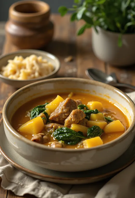 מרק אגוסי עם בשר עז, מרק עשיר ומתובל, מוגש עם ירקות טריים