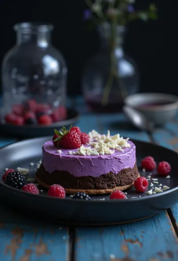 עוגת שוקולד עם מוס פירות מוגשת פרוסה