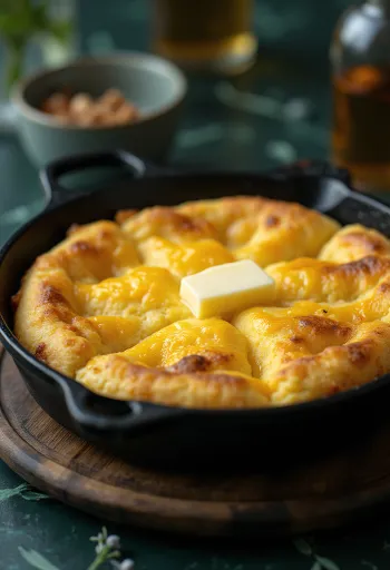 לחם תירס עם גבינה, פרוס לפרוסות עבות, מוגש עם קרום זהוב