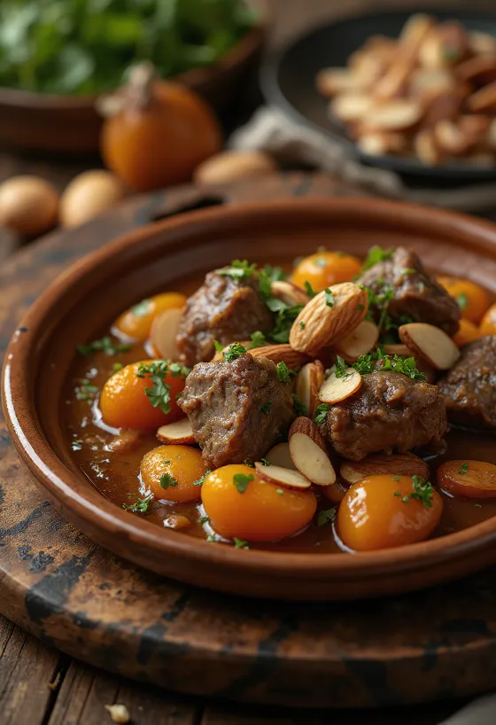 טאג'ין טלה עם משמשים מוגש בקערה מסורתית