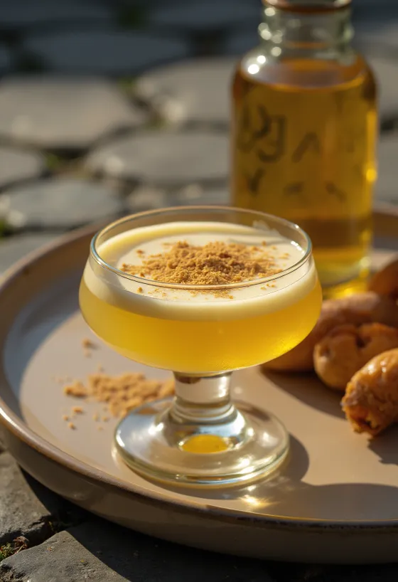 ליקר ביצים ביתי בבקבוק, עם אגוז מוסקט מגורר מלמעלה.