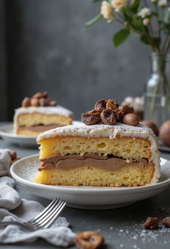 עוגת ערמונים פרוסה, מקושטת בשוקולד