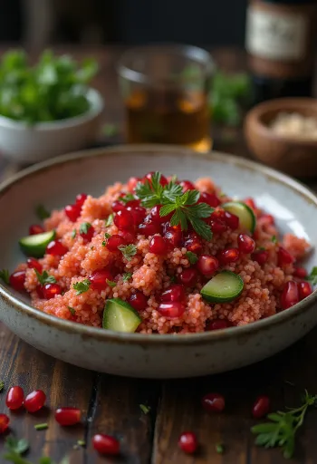 סלט בורגול אדמדם עם עשבי תיבול קצוצים בקערה